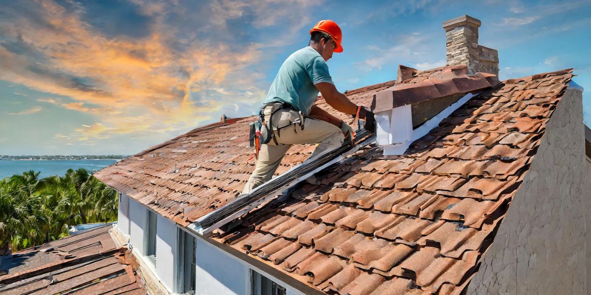 A man on a ladder performing maintenance work on a roof, aiming to enhance its durability with reroofing services.