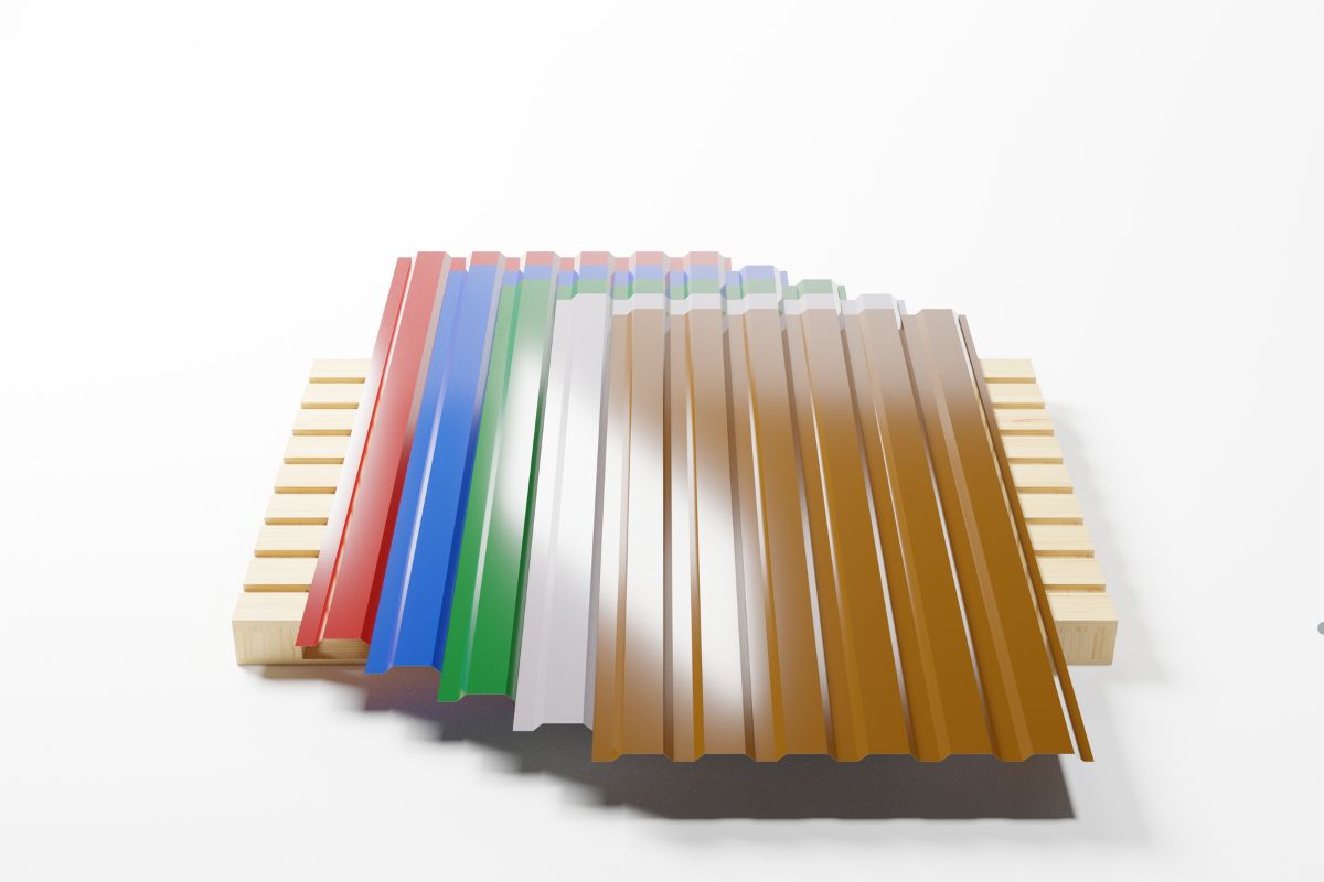 Colorful corrugated roofing sheets displayed on a white background, showcasing options for a roofing service.